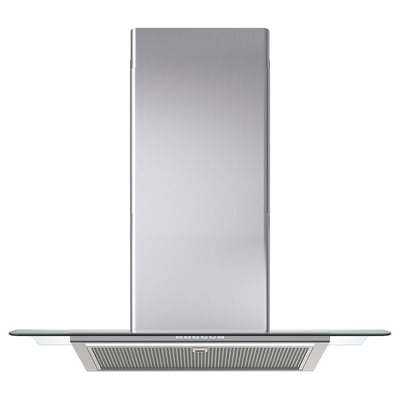 En BALANSERAD köksfläkt i rostfritt stål med en snygg glaskant, led-ljus och en kontrollpanel på framsidan.