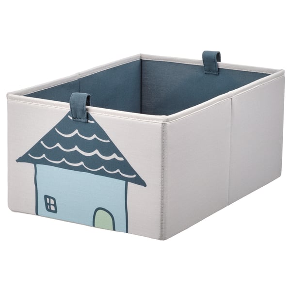BARNDRÖM förvaringslåda: grå och blå, rektangulär, tyg, husdesign, robust.