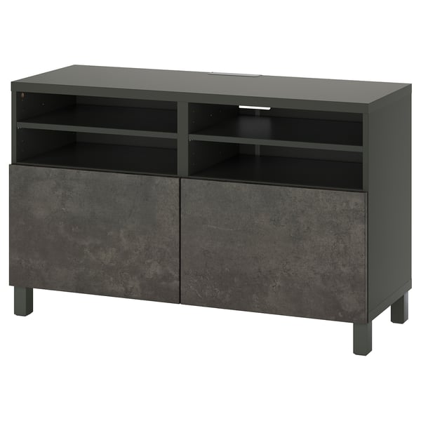Modern svart tv-bänk, BESTÅ-serien, med hyllor och skåpdörrar för förvaring, med rena linjer och minimalistisk design.