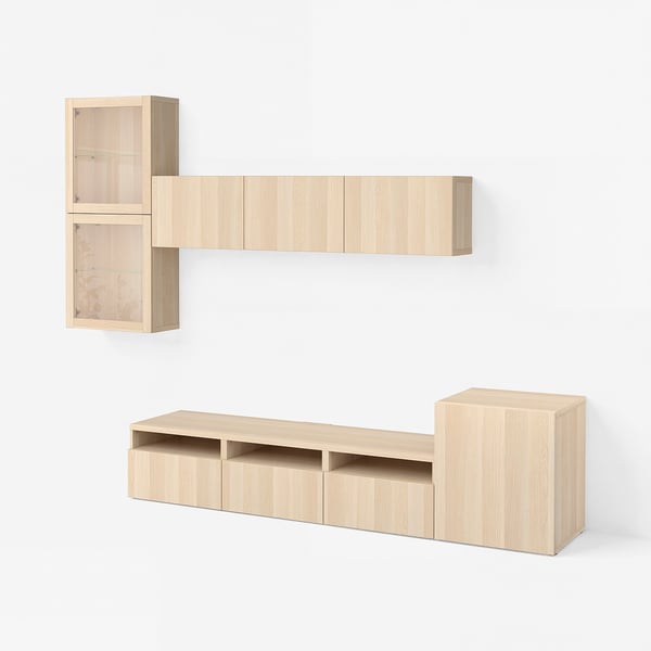 BESTÅ Tv-förvaring kombination/glasdörrar, vitlaserad ekeffekt/Lappviken vitlaserad ekmönstrat klarglas, 300x42x211 cm