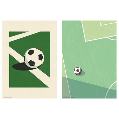 Två affischer; Ett fotbollstema, en abstrakt design.