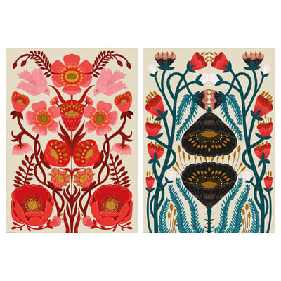 Två färgglada blommiga affischer. Till vänster: röda, rosa blommor. Till höger: svarta, röda blommor, blå stjälkar. Livfulla, detaljerade konstverk.
