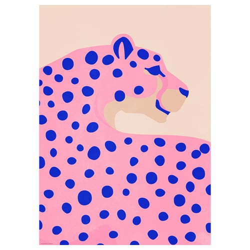 Abstrakt rosa leopardtryck konstverk med blå fläckar, enkel kattform med beige ansikte.