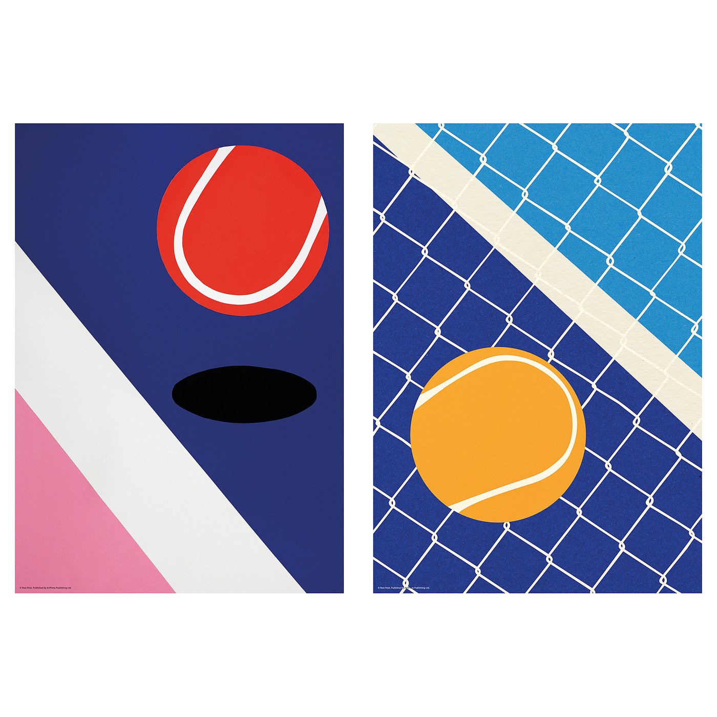 Geometriska tennisaffischer: blå/röd och blå/orange.