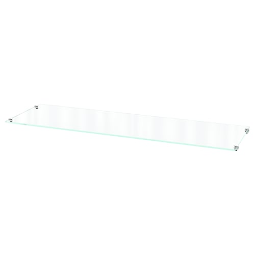 En slank, transparent BILLY-hylla i härdat glas, rektangulär och modern, idealisk för att organisera och visa upp föremål.