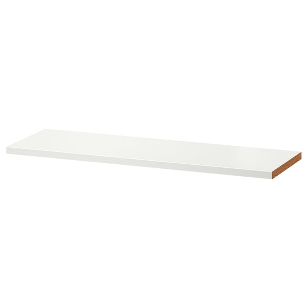 En vit BILLY-bokhylla gjord av spånskiva, plastkant och pappersfolie. Den är rektangulär och designad för justerbar förvaring.