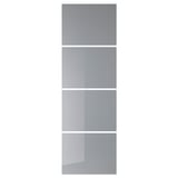 Visar en uppsättning vitrinskåpsdörrar BJÖRNÖYA i grått, med frostade glaspaneler med en elegant, modern design.