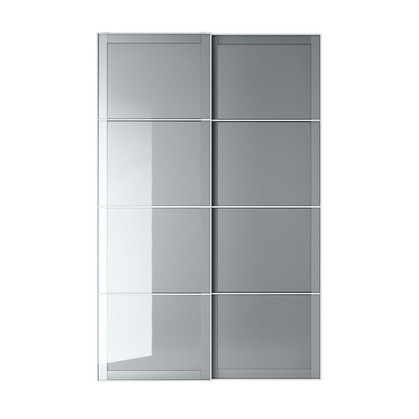 Björnøya garderob: skjutdörrar i mörkgrått frostat glas, aluminiumram, säkerhetsfilm. Rektangelform, modern design.