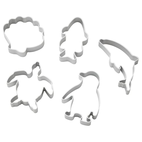 Fem silverkakformar i form av sköldpadda, pingvin, fisk, delfin och mussla. Perfekt för att skapa godsaker med havstema.