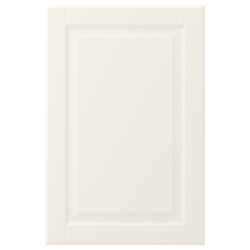 BODBYN benvit skåpdörr, klassisk rektangulär form med fasad paneldesign, tillverkad av träfiberplatta med lackerad finish.