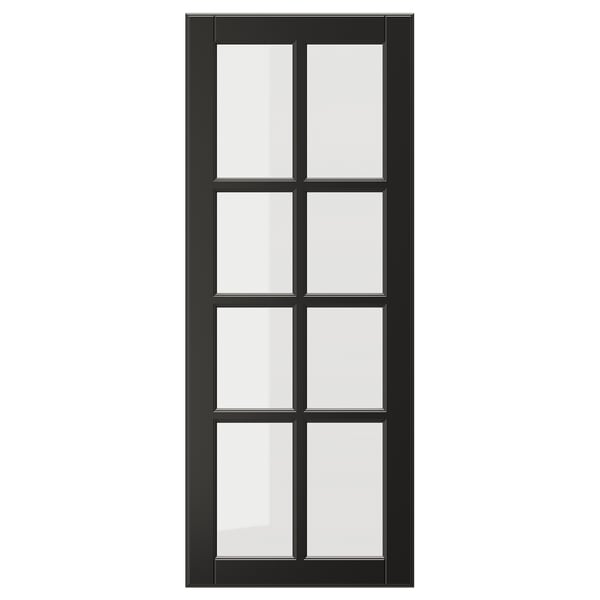 Svart BODBYN glasdörr i träfiber med fasade ramar och paneler i härdat glas, elegant och sofistikerad design.