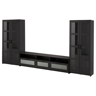 Svart BRIMNES tv-bänk med glasdörrar och lådor, slimmad design.