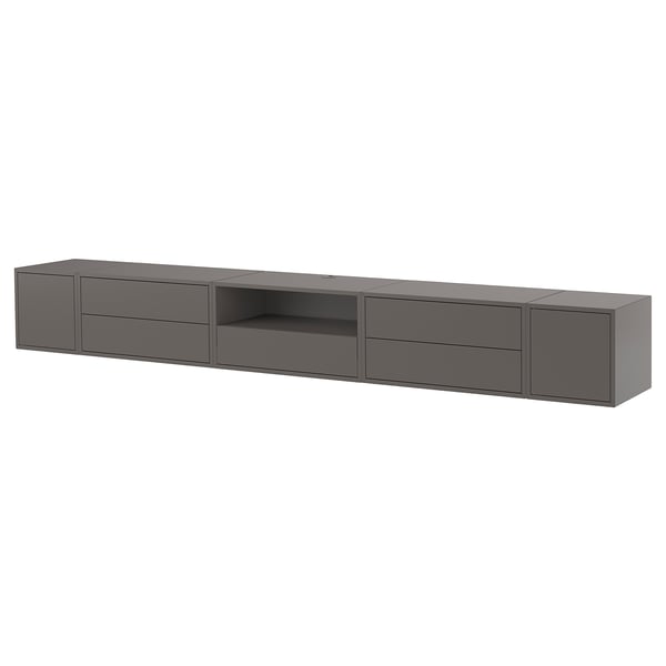 EKET: modern grå vägghängd förvaring med öppna och slutna sektioner, snygg design.