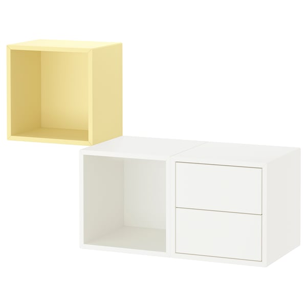 Två moderna förvaringskuber, en gul, en vit; Minimalistiska, fyrkantiga kuber med öppna och en med lådor.