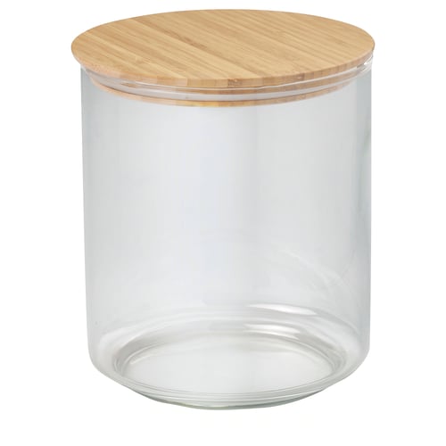 Matburk i klart glas med bambulock, cylindrisk form.