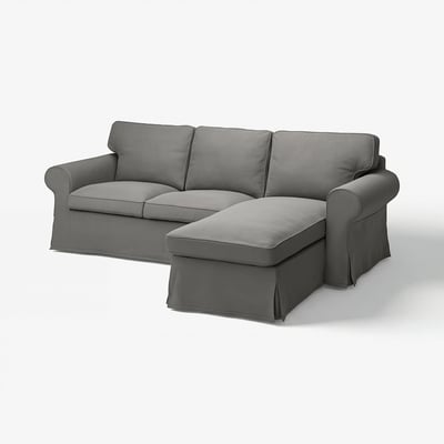 EKTORP grå 3-sitssoffa med schäslong, mjuk klädsel, L-formad.