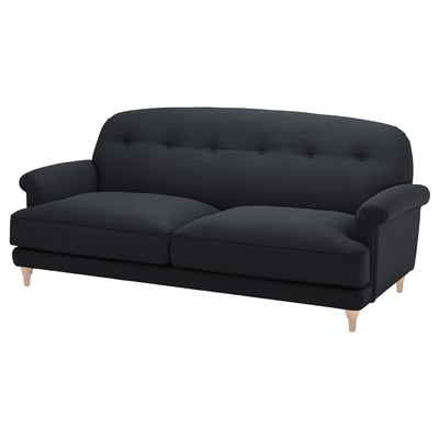 Mörkgrå ESSEBODA soffa, mjuk och djup, svängda armar, träben, klassisk design.
