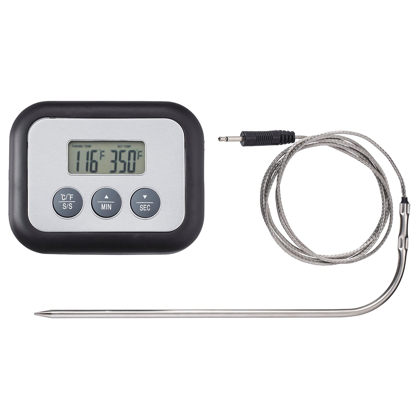Digital matlagningstermometer, FANTAST, svart, aluminium och plast, rektangulär, med rostfri sond, temperaturdisplay.