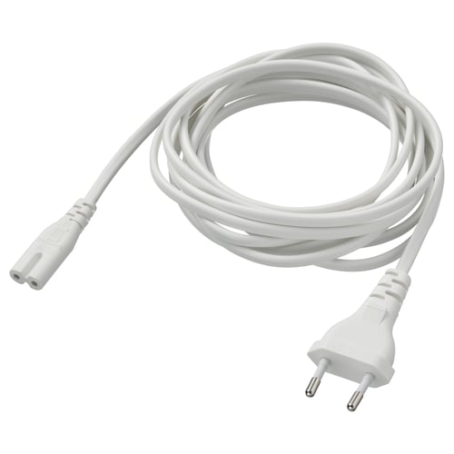 En vit, hoprullad FÖRNIMMA nätsladd med en europeisk kontakt, tillverkad av pvc-plast.