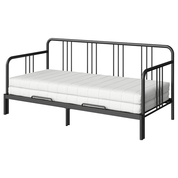 FYRESDAL dagbädd i svart metall med vit madrass, modern minimalistisk design, kan omvandlas till dubbelsäng.