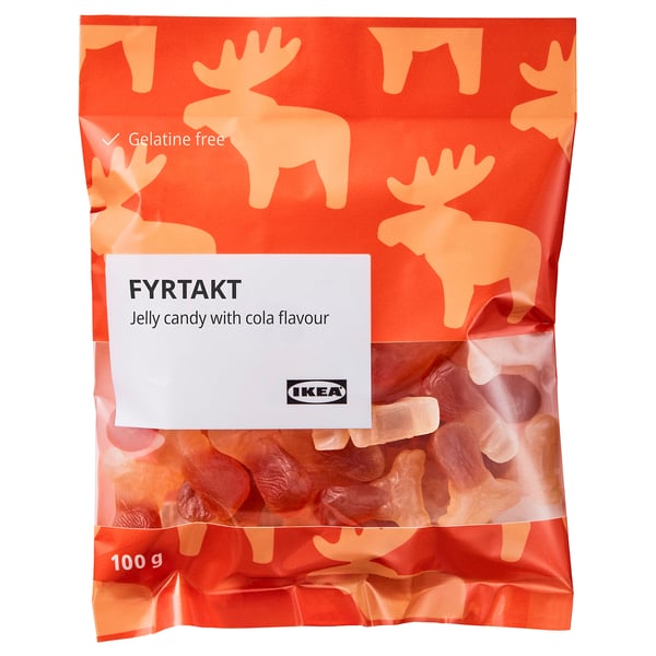 Paket med gelégodis smaksatt med FYRTAKT-cola, med älggrafik, 100g. Gelatinfria, naturliga ingredienser.