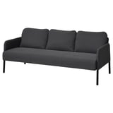 GLOSTAD soffa: modern grå tygsoffa med vadderade sitsar och rygg, stödd av svarta metallben, som erbjuder komfort och stil.