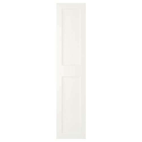 GRIMO: vit dörr med dubbla paneler och djärv ram, klassisk möter modern design.