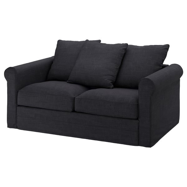 Svart stoppad soffa, kompakt, rullad ärmdesign, polyester och bomullstyg.