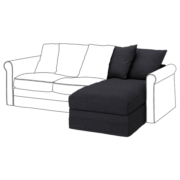 Modern l-formad soffa, mörkgrå, mjuk klädsel, med två kuddar, rena linjer.