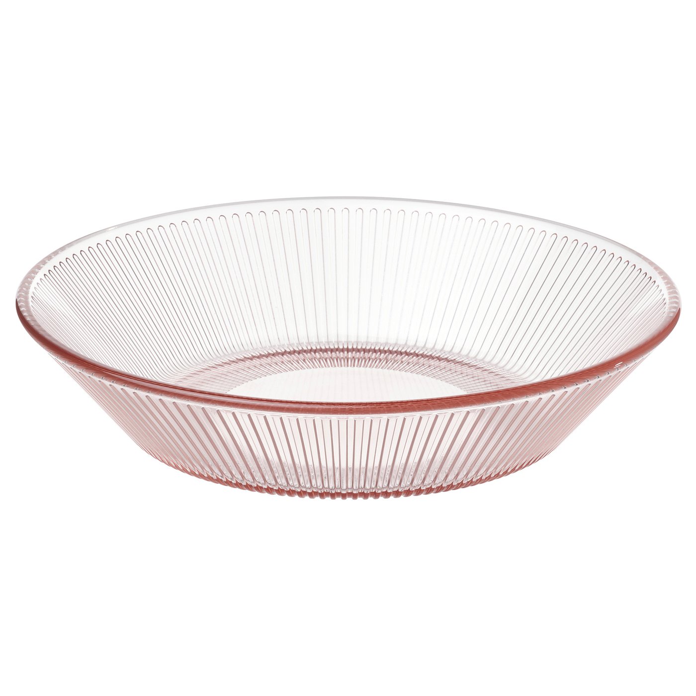 En rosatonad skål i klarglas med namnet HAVSGÄDDA med räfflade linjer, designad för servering av mat eller desserter.