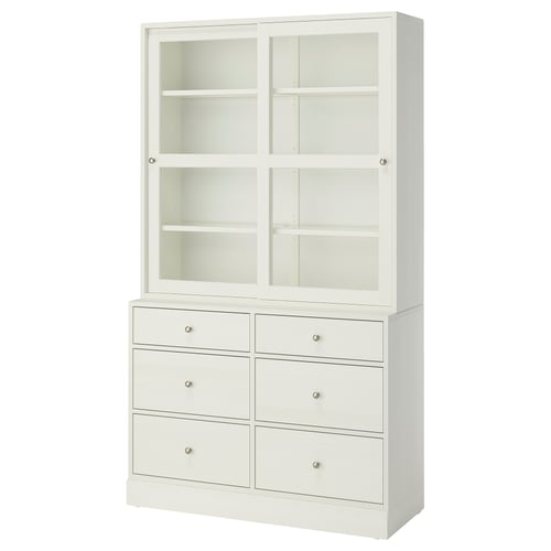 HAVSTA: vitt träskåp med sex lådor och skjutdörrar i glas som visar upp en rustik och elegant design.