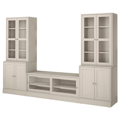 Beige HAVSTA tv-bänk: glasdörrar, furu, skandinavisk rustik design.