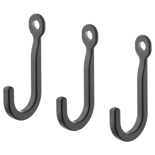 Tre svarta HÖGAFFEL krokar på vit bakgrund. Liten, böjd design passar trånga utrymmen. Tillverkad av pulverlackerad zink.