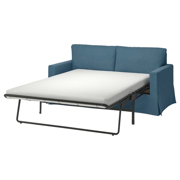 Blå bäddsoffa, modern och bekväm.