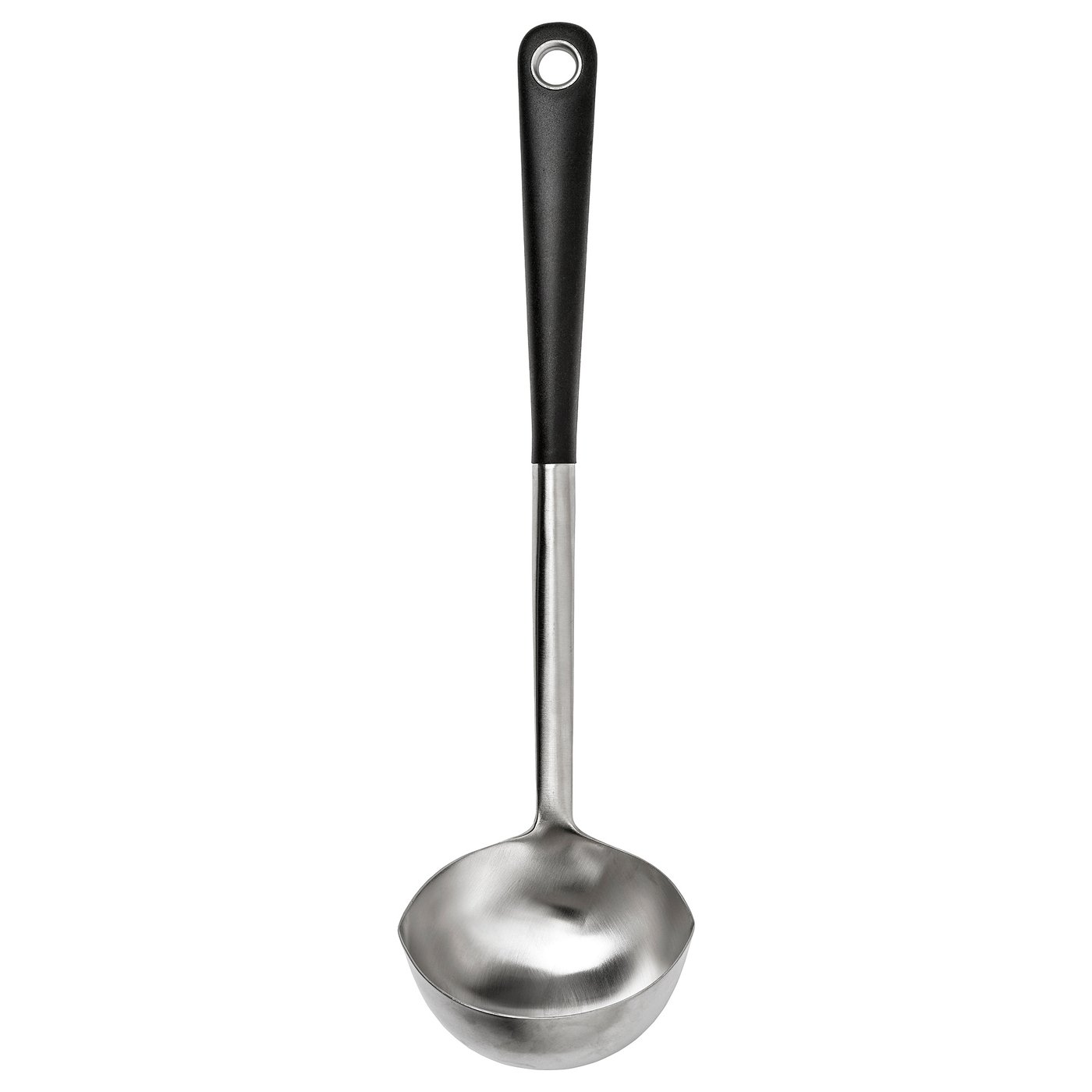 En IKEA 365+ HJÄLTE slev i svart handtag i rostfritt stål med en rund skål och ett bekvämt grepp.