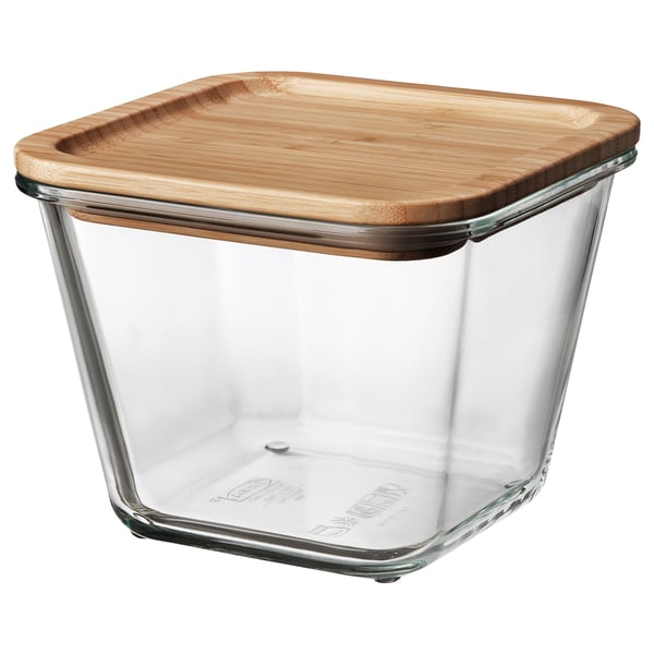 IKEA 365+ fyrkantig glasbehållare med trälock. Tydlig, modern design, perfekt för förvaring av mat.
