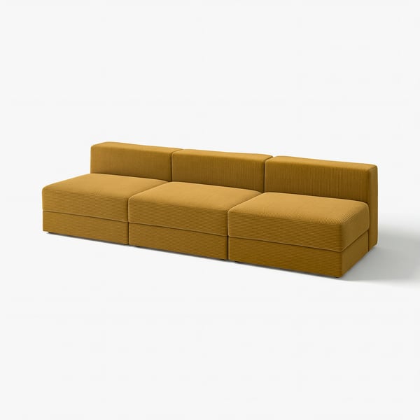 Senapsgul JÄTTEBO modulsoffa, slank design, mjukt tyg, segmenterade sektioner.