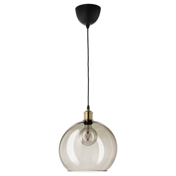 Jakobsby lights klot i rökt glas, mässingsbeslag, hängande skärm.