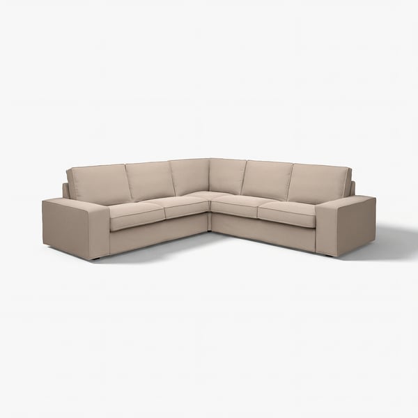 Modern, beige KIVIK sektionssoffa, låg armdesign, bekväm, klädd i bomulls-polyester-blandning.