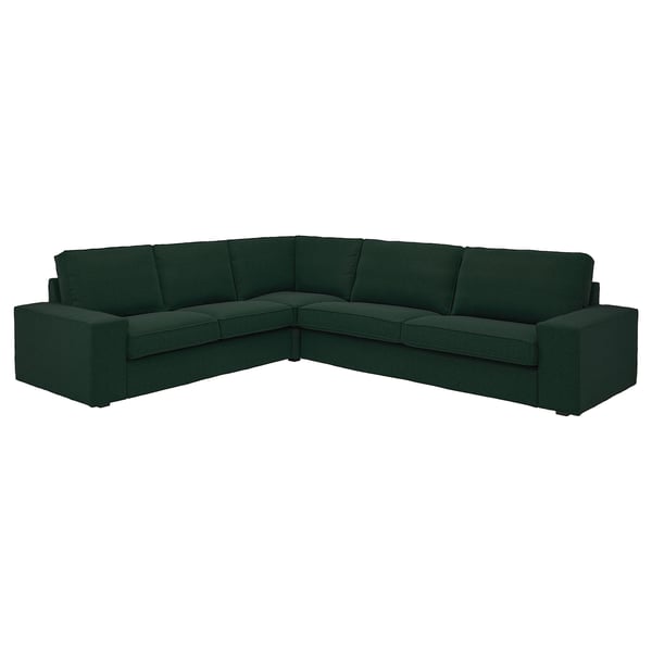 Den här bilden är en smaragdgrön l-formad KIVIK sektionssoffa med plyschkuddar och en modern, minimalistisk design.