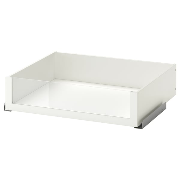 En vit KOMPLEMENT-låda med glasfront, perfekt för garderober. Den eleganta designen ger en överblick över innehållet och stängs mjukt.