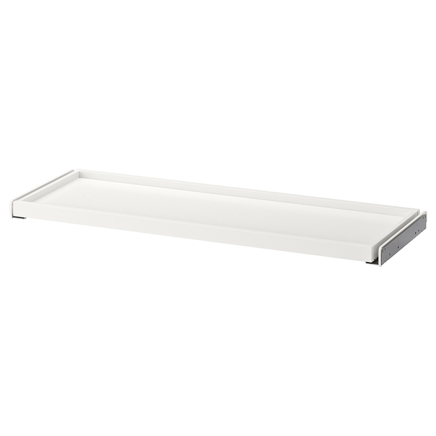 Vit ikea KOMPLEMENT utdragbar bricka för att organisera garderobsartiklar.