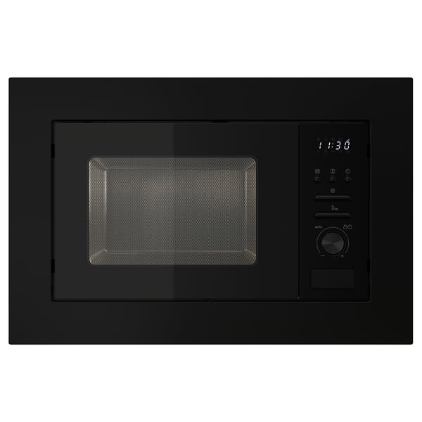 En svart inbyggd mikrovågsugn. Den har en digital display, kontrollknappar och en fyrkantig glasdörr.