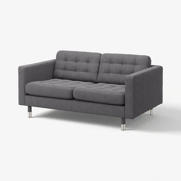 En grå LANDSKRONA-soffa med mjuka dynor, slanka metallben och en modern design.