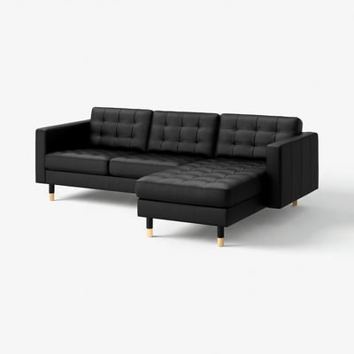 Svart L-formad lädersoffa, modern design, tufsade dynor, träben.