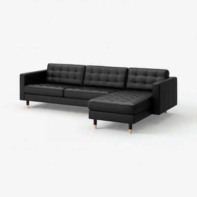 Svart lädersoffa i L-form, modern design, tuftade kuddar, träben.