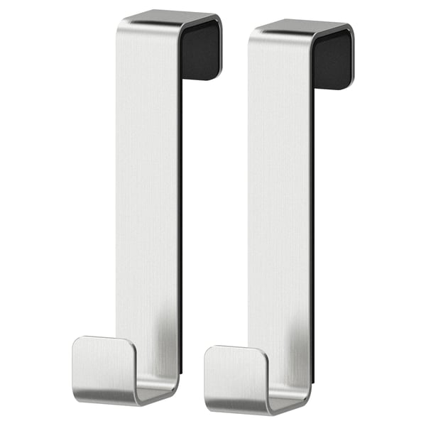 Två LILLÅNGEN metallhängare, silverfärgade, med rektangulära krokar, designade för att hänga effektivt över dörrkanterna.