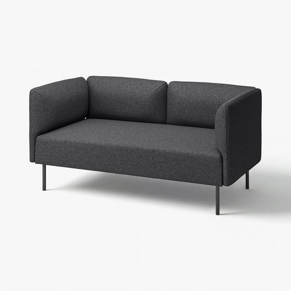 Modern kompakt tvåsoffa med kantig grå tygdesign, klädd för komfort, perfekt för små utrymmen.