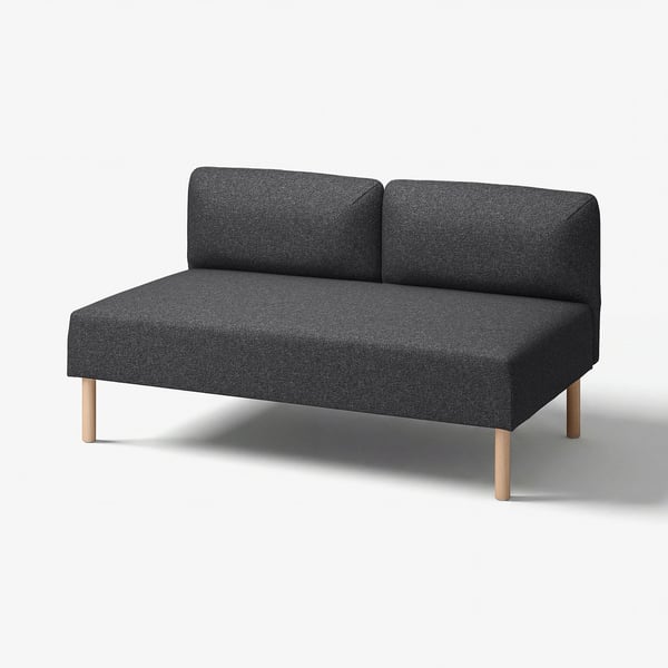 Modern kolgrå, L-formad soffa med träben, enkla, rena linjer och två ryggdynor.