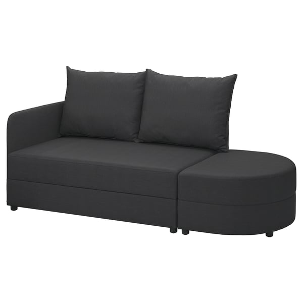 Mörkgrå bäddsoffa LINDÅKRA med runda former, två ryggkuddar och förvaring i sittdel och fotpall.